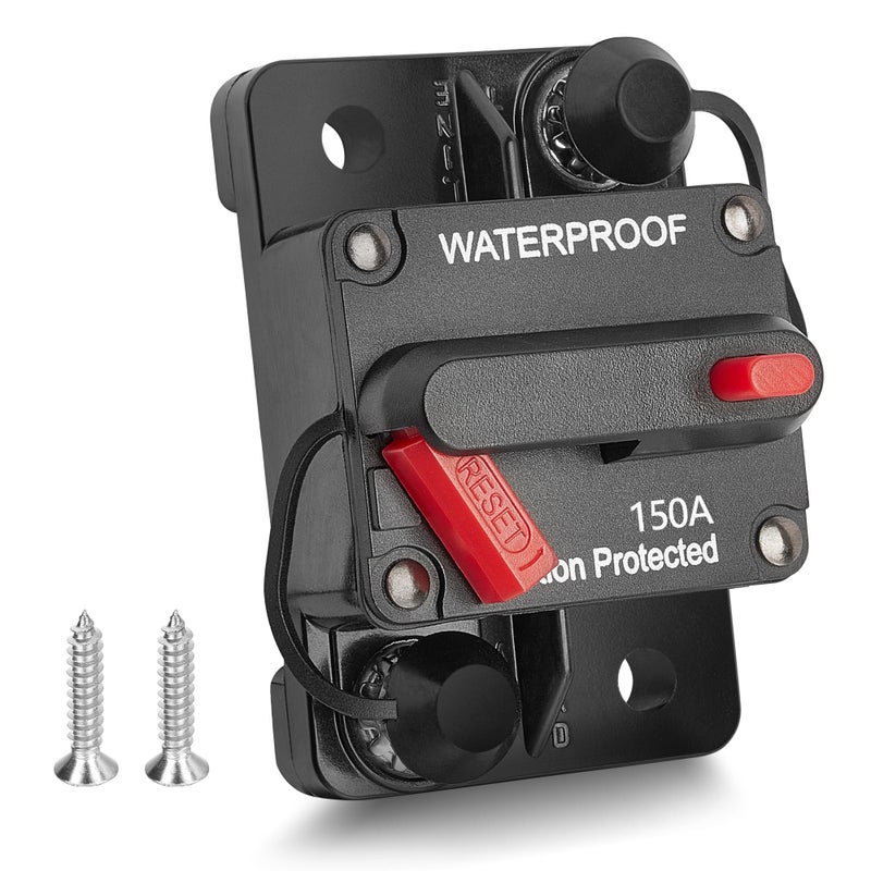 RED WOLF 150A Amp Marine Circuit Breaker Fuse Holder with Manual Reset Waterproof 12V 48V DC for Boat Trolling Motor Marine ATV Trailer Vehicles Stereo Audio Electronic Battery Solar System 150 AMP