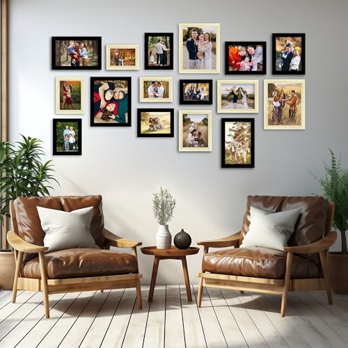 The Castle Decor Photo Frame Set of 16 – Premium Fiber Wall Hanging (3 Pcs 4x6 Inch, 2 Pcs 6x10 Inch, 4 Pcs 5x7 Inch, 3 Pcs 8x10 Inch, 4 Pcs 6x8 Inch, Black & Pine Wood Finish Mix) for Family Photos, Living Room & Office Decor - Image 2
