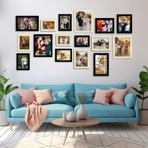 The Castle Decor Photo Frame Set of 16 – Premium Fiber Wall Hanging (3 Pcs 4x6 Inch, 2 Pcs 6x10 Inch, 4 Pcs 5x7 Inch, 3 Pcs 8x10 Inch, 4 Pcs 6x8 Inch, Black & Pine Wood Finish Mix) for Family Photos, Living Room & Office Decor - Image 1
