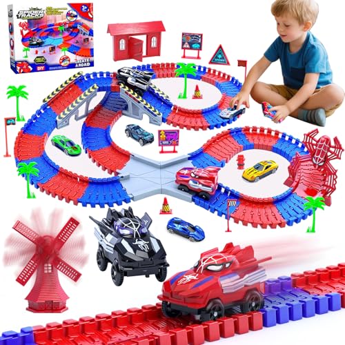 Yomwet Spider Toys for Kids 221 PCS Boys Spider Race Track with 6 Alloy Cars Toys DIY Monster Truck Flexible Tracks for 3 4 5 6 Year Old Toddler Birthday Party Favor Gift - Image 1
