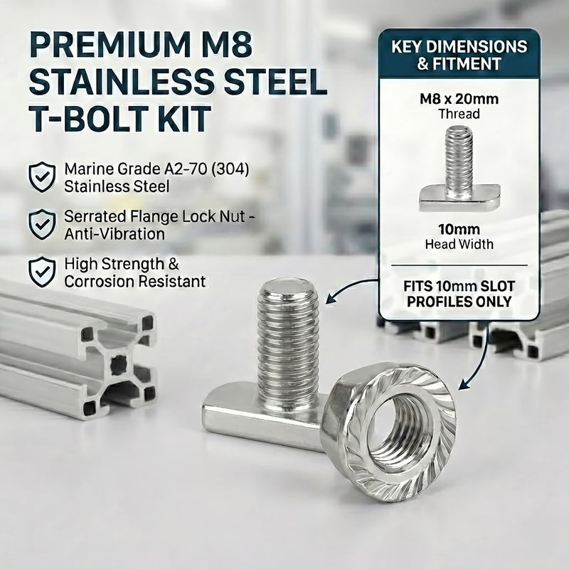 M8 Stainless Steel T Screw Set A2 70 5 Piece 30mm Anti Loosening Flange Nut - Image 2