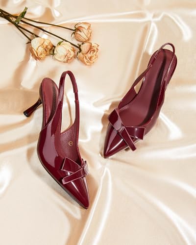 Coutgo Womens Slingback Kitten Heels Bow Closed Pointed Toe Pumps Slip on Office Work Dress Shoes, Burgundy, Size 9 - Image 2