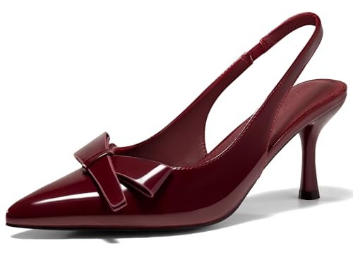 Coutgo Womens Slingback Kitten Heels Bow Closed Pointed Toe Pumps Slip on Office Work Dress Shoes, Burgundy, Size 9 - Image 3