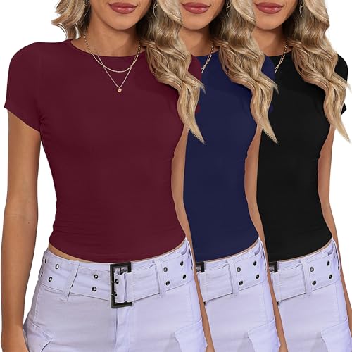 Riyiper 3 Pcs Women's Short Sleeve Crop Tops, Boat Neck Slim Fitted Cropped Shirts Workout Basic Tops (Black, Wine Red, Navy Blue,Small) - Image 2