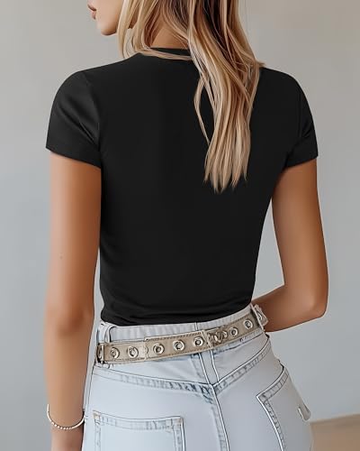 Riyiper 3 Pcs Women's Short Sleeve Crop Tops, Boat Neck Slim Fitted Cropped Shirts Workout Basic Tops (Black, Wine Red, Navy Blue,Small) - Image 4