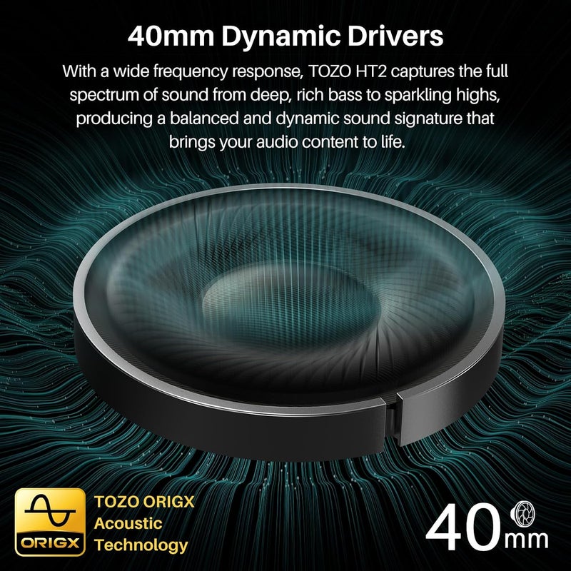 TOZO HT2 Hybrid Active Noise Cancelling Headphones - Wireless Over Ear Bluetooth with 60H Playtime, Hi-Res Audio, Custom EQ, Deep Bass, Comfort Fit Ear Cups - Black - Image 4