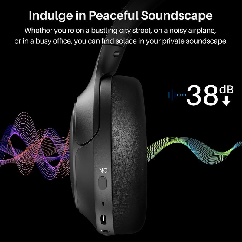 TOZO HT2 Hybrid Active Noise Cancelling Headphones - Wireless Over Ear Bluetooth with 60H Playtime, Hi-Res Audio, Custom EQ, Deep Bass, Comfort Fit Ear Cups - Black - Image 3