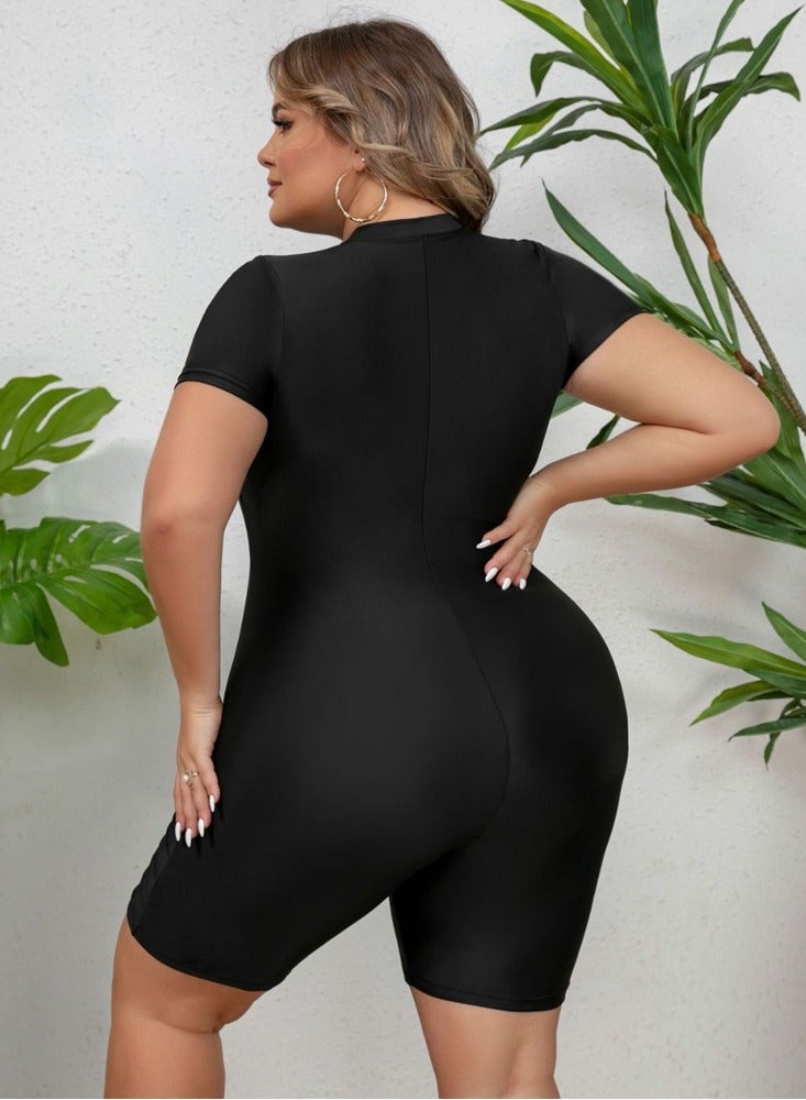 Al Aoyama Women's athletic swimsuit, one-piece with zipper, short-sleeve surf swimsuit, square-cut surf suit - Image 2