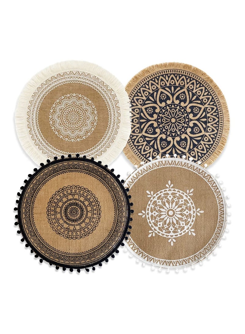 Excefore Boho Woven Round Placemat, 4 Pcs Handmade Table Mats Woven Jute Tassel Mat Retro Table Decor Fringe Cotton Coffee Mat Waterproof Dining Mat Pompom Home Decor Bohemian Style - Image 1