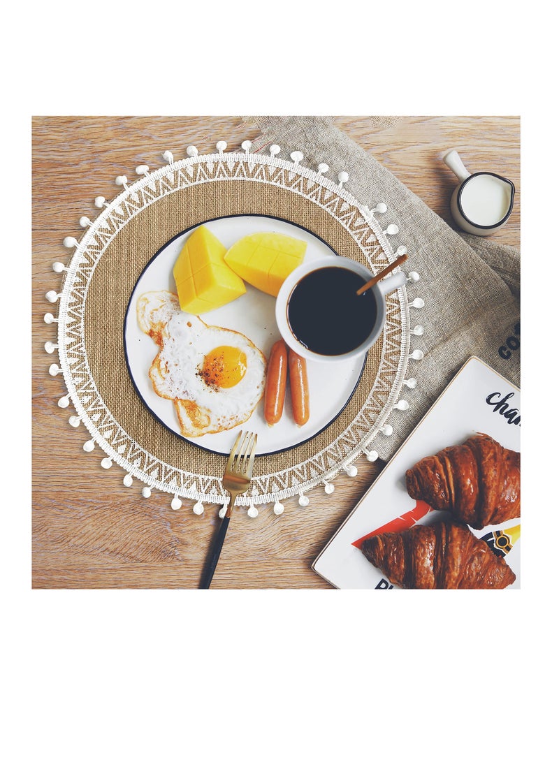 Excefore Boho Woven Round Placemat, 4 Pcs Handmade Table Mats Woven Jute Tassel Mat Retro Table Decor Fringe Cotton Coffee Mat Waterproof Dining Mat Pompom Home Decor Bohemian Style - Image 3