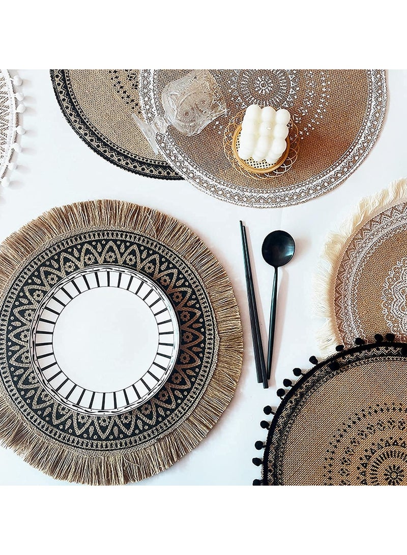 Excefore Boho Woven Round Placemat, 4 Pcs Handmade Table Mats Woven Jute Tassel Mat Retro Table Decor Fringe Cotton Coffee Mat Waterproof Dining Mat Pompom Home Decor Bohemian Style - Image 4