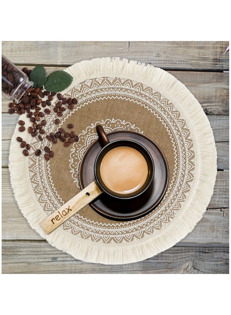 Excefore Boho Woven Round Placemat, 4 Pcs Handmade Table Mats Woven Jute Tassel Mat Retro Table Decor Fringe Cotton Coffee Mat Waterproof Dining Mat Pompom Home Decor Bohemian Style - Image 5