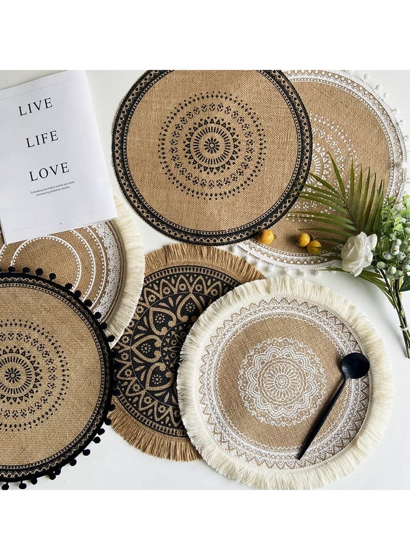 Excefore Boho Woven Round Placemat, 4 Pcs Handmade Table Mats Woven Jute Tassel Mat Retro Table Decor Fringe Cotton Coffee Mat Waterproof Dining Mat Pompom Home Decor Bohemian Style - Image 2