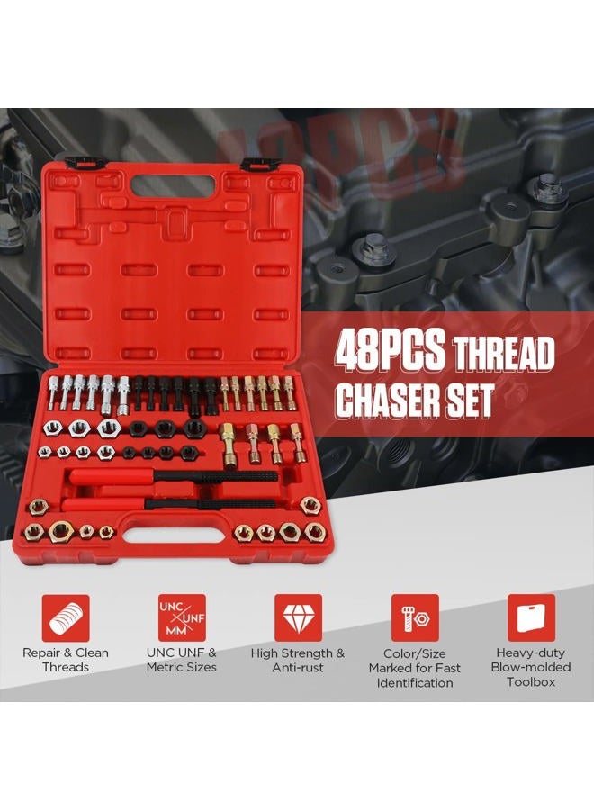 KAISAL Thread Chaser Set 48PCS Thread Repair Tool Kit UNC/UNF/Metric Thread Chaser Rethreading Kit Anti-rust Thread Restorer Kit with 24 Dies, 22 Taps and 2 Thread Files with Detachable Cap, Tap And Die Set - Image 2