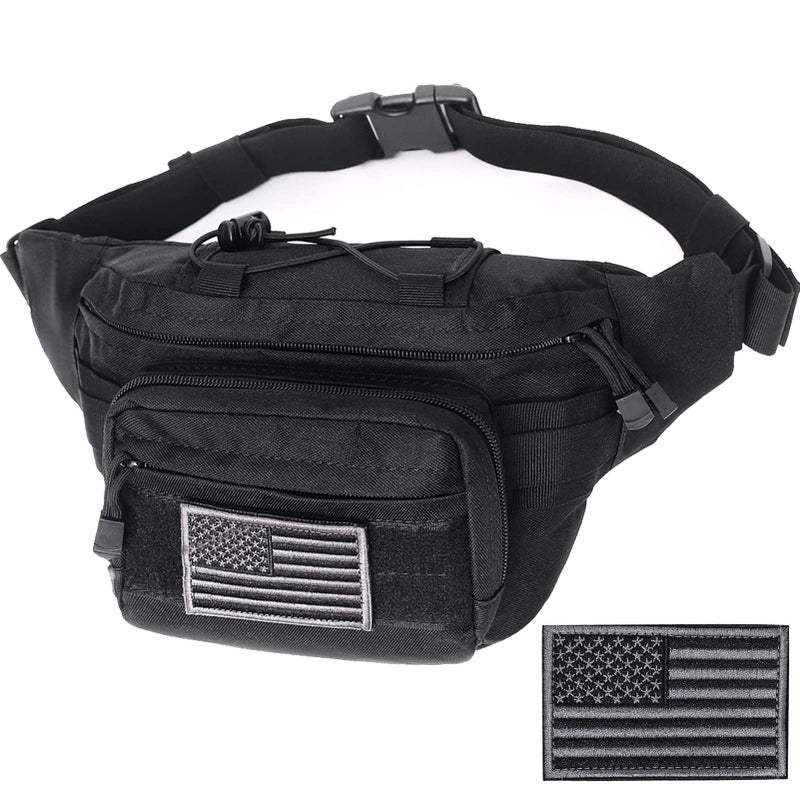 Meprona Tactical Fanny Pack, Military Waist Bag Hip Belt Bumbag Utility Bags for Outdoor Hiking Climbing Fishing with U.S Patch (Black) - Image 1