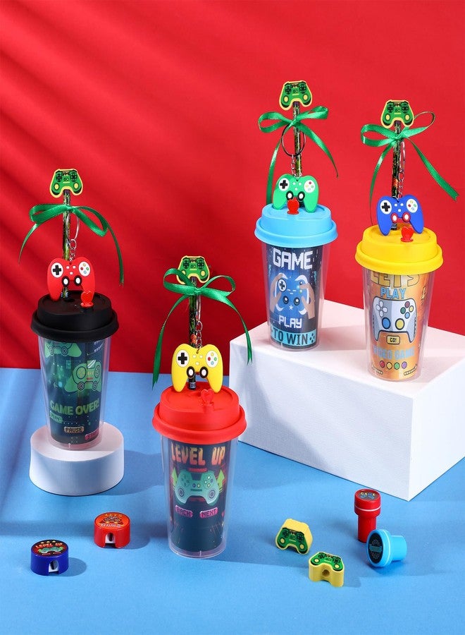 Watersay 218 Pcs Video Game Party Favors Set Includes Drink Cup with Lid Game Card Pencil Sharpener Eraser Tattoos Slap Bracelet Keychain Stamp Sticker Ribbon for Boys and Girls Gamer Birthday Party - Image 3