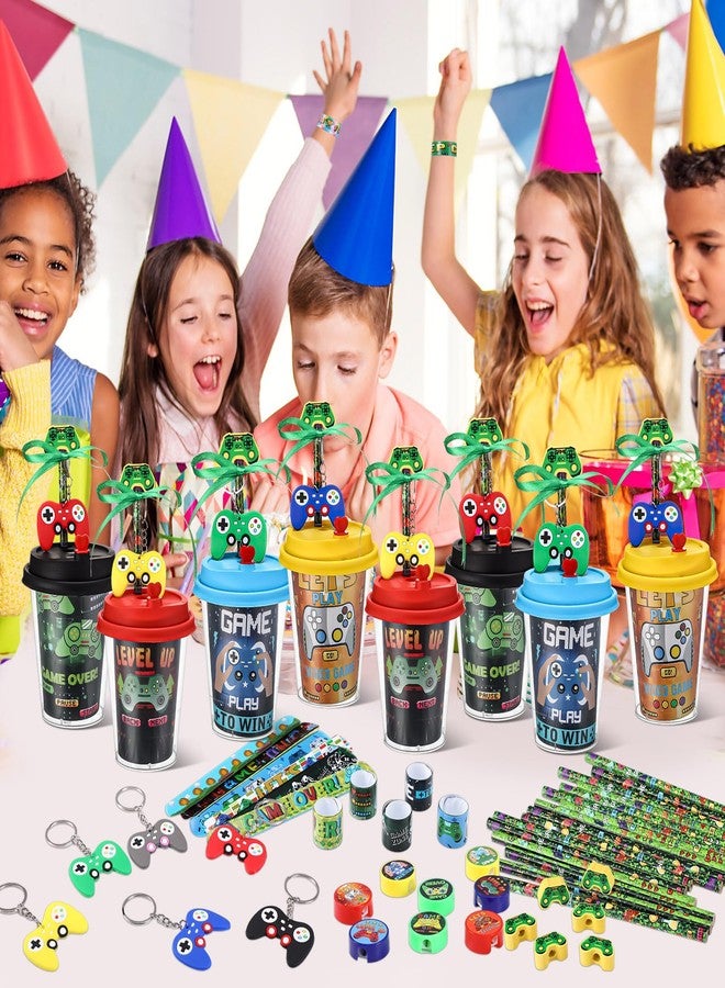 Watersay 218 Pcs Video Game Party Favors Set Includes Drink Cup with Lid Game Card Pencil Sharpener Eraser Tattoos Slap Bracelet Keychain Stamp Sticker Ribbon for Boys and Girls Gamer Birthday Party - Image 4