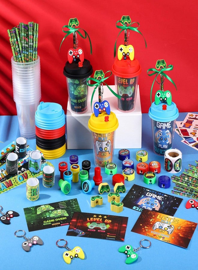 Watersay 218 Pcs Video Game Party Favors Set Includes Drink Cup with Lid Game Card Pencil Sharpener Eraser Tattoos Slap Bracelet Keychain Stamp Sticker Ribbon for Boys and Girls Gamer Birthday Party - Image 5