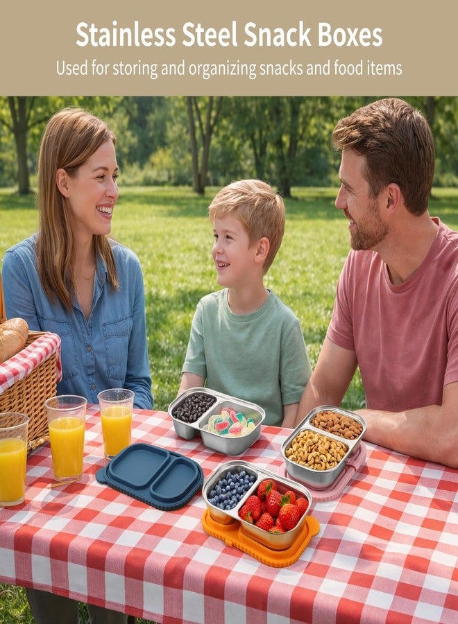 DORMIYA 4-Piece Stainless Steel Snack Boxes with 2 Compartments & Leakproof Silicone Lids, Portable, Reusable Food Storage for Nuts, Fruits, and On-the-Go Meals, 7.1 x 4.5 x 1.8 in - Image 3