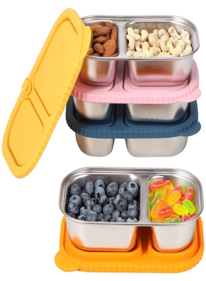DORMIYA 4-Piece Stainless Steel Snack Boxes with 2 Compartments & Leakproof Silicone Lids, Portable, Reusable Food Storage for Nuts, Fruits, and On-the-Go Meals, 7.1 x 4.5 x 1.8 in - Image 1