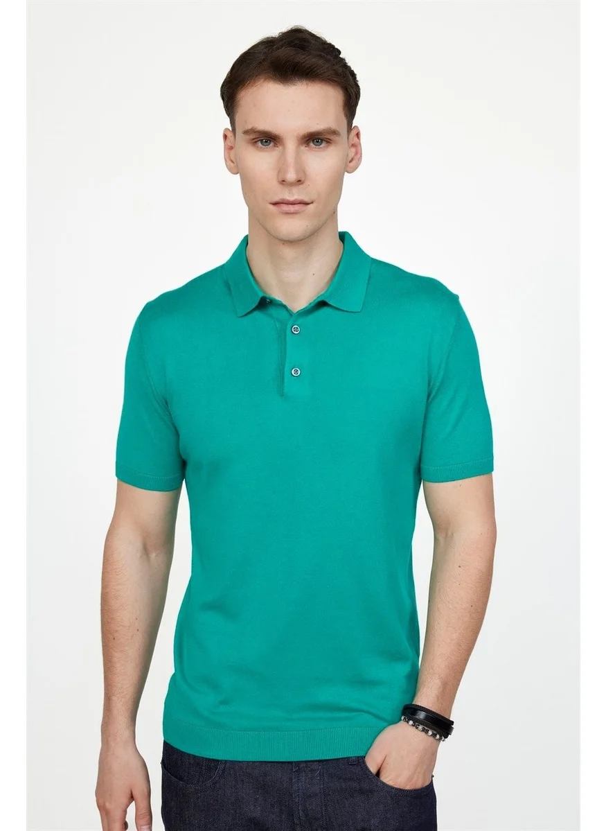 Tudors Tudors Men's Slim Fit Narrow Cut Cotton Knitted Knitwear Green Polo Neck T-Shirt