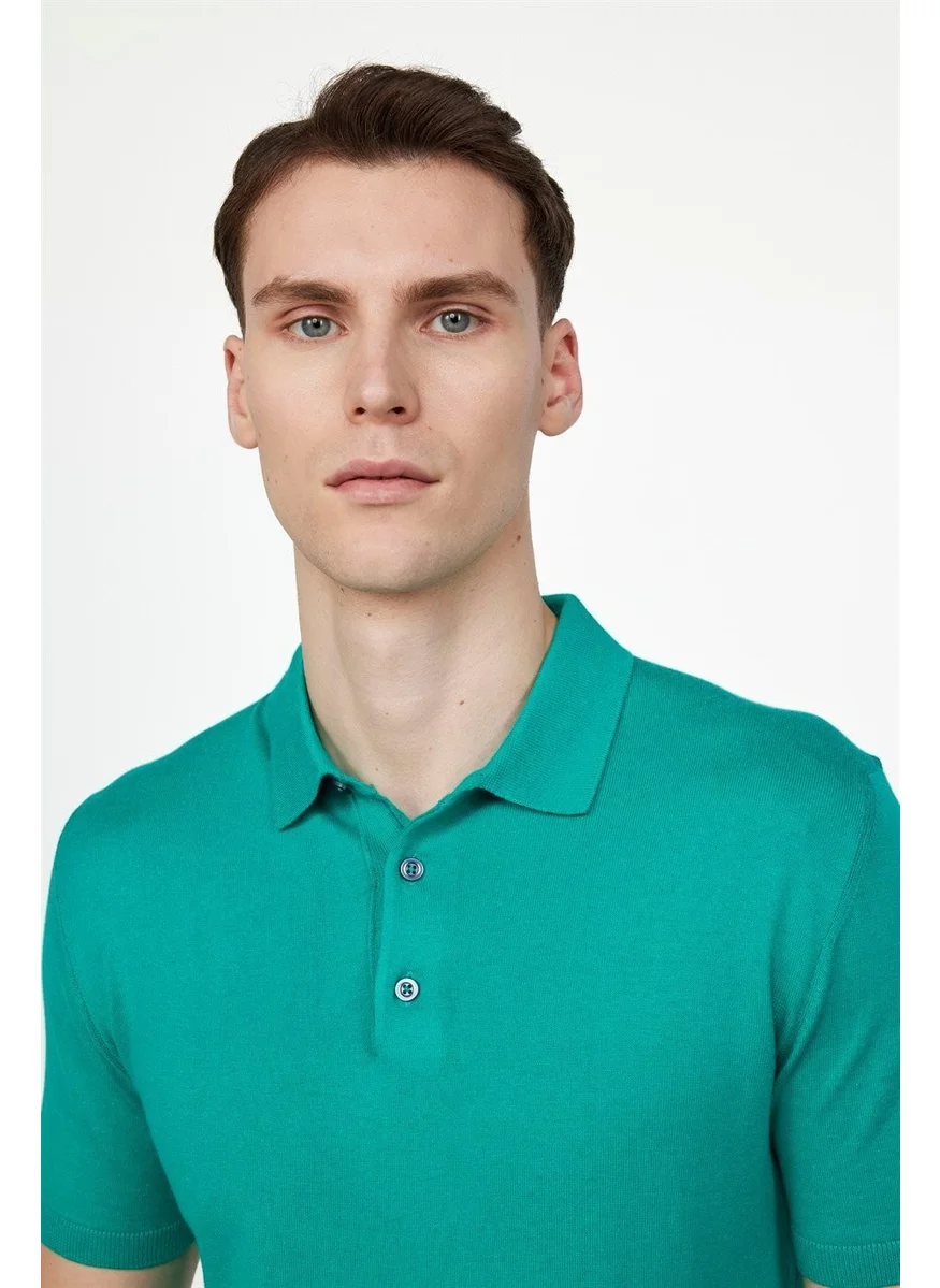 Tudors Tudors Men's Slim Fit Narrow Cut Cotton Knitted Knitwear Green Polo Neck T-Shirt
