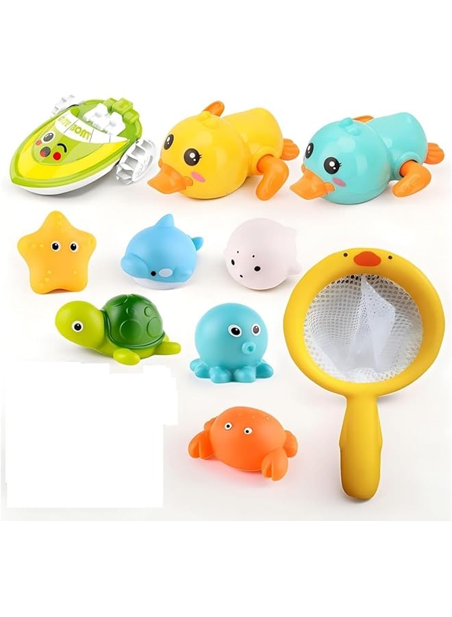 XICEN Bath Toys For Babies 6 12 Months+ Swimming Ducks Amphibious Dinghy Bath Toys For Kids Ages 1 3 No Hole Animal Floating Pool Toys For Toddlers 1 3 Fishing Net Watering Can Baby Bathtub Water Toys - Image 1