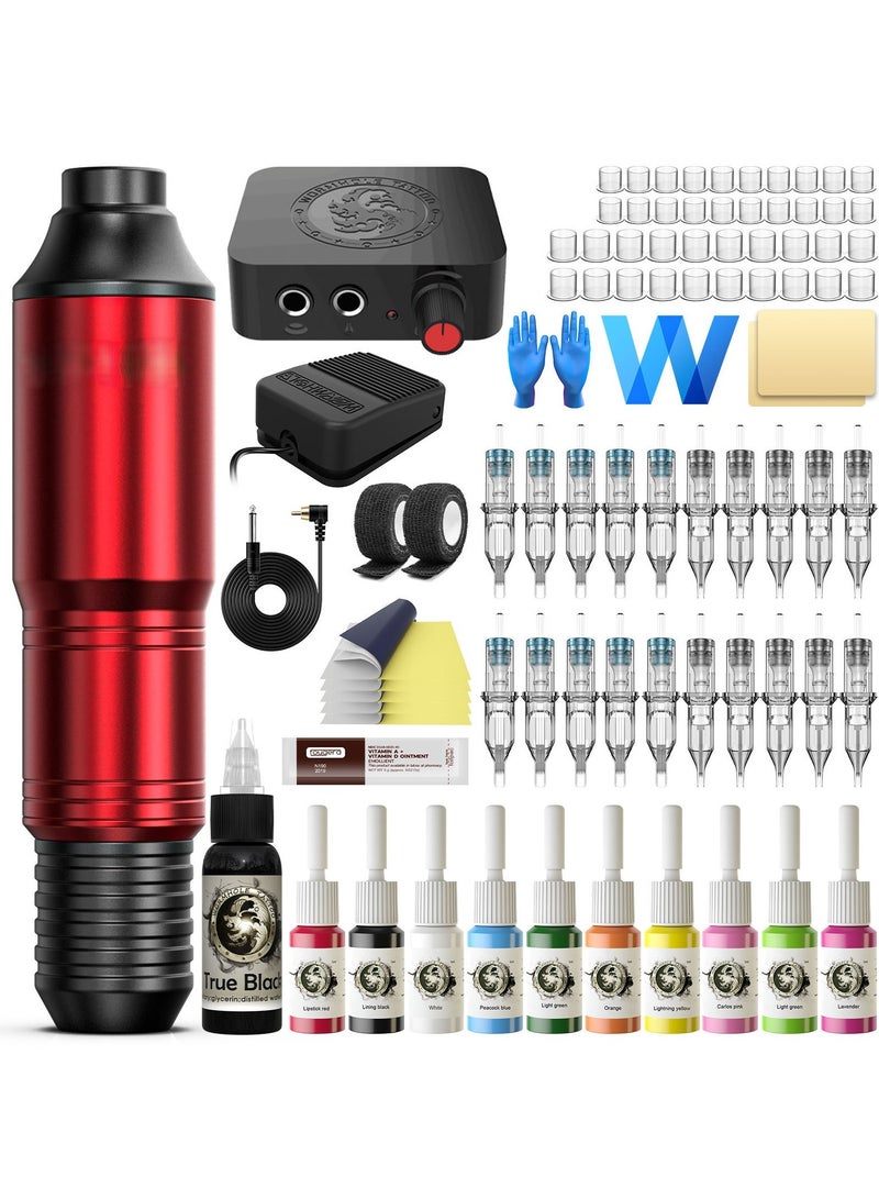 Generic Tatto Machine Kit, Professional Rotary Tatto Pen Set with RCA Power Supply, 20pcs Tatto Cartridge Needle Accessories & 10 Color Ink for Beginner Tattoo Artist  - Image 1