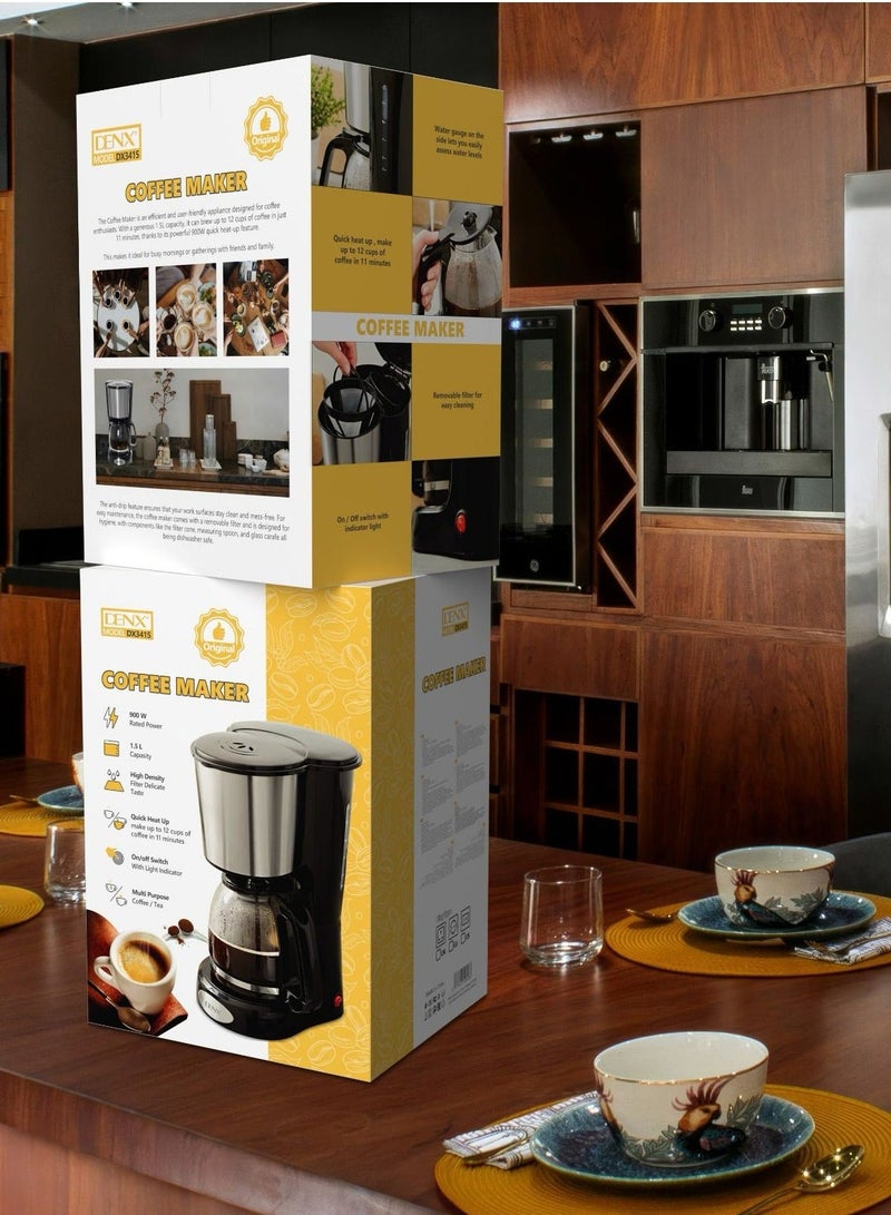 Denx 1.5L Coffee Maker, Anti-Drip Function, 900W, Keep Warm Function, Glass Jar, DX3415 - Image 5