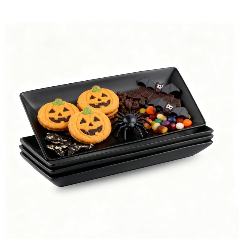 Gomakren Black Serving Platter Set of 4 Porcelain Serving Plates Rectangular Halloween Serving Dishes and Platters Serving Trays for Party Appetizer Sushi, 10 Inch Black Serveware Thanksgiving Gifts - Image 1
