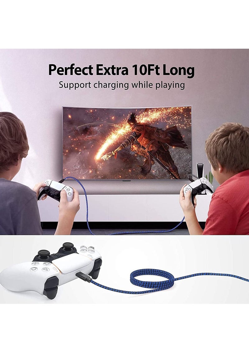 PS5 Controller Charger Cable Nylon Braided USB Type-C High-Speed Sync Charging Cord Compatible for Switch Pro/Nintendo Switch, Xbox Series X/S Controller, Cellphone, Laptop 2 Pcs 3M（Black &Blue）