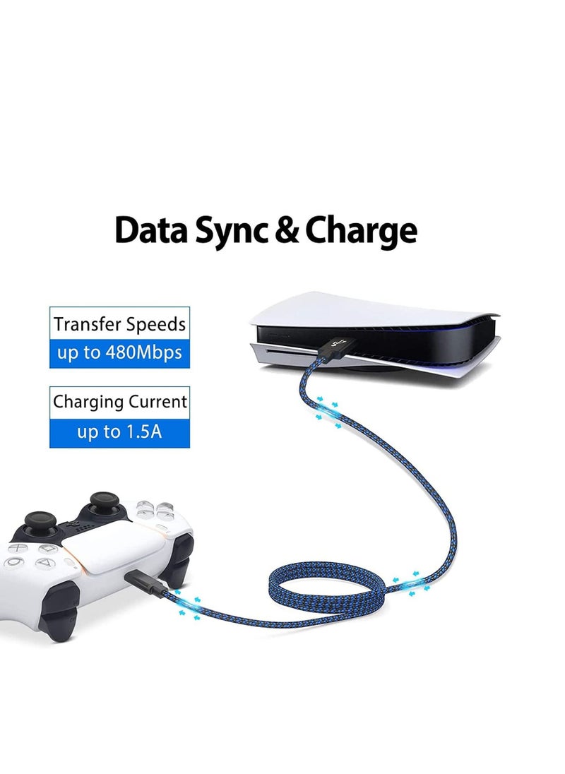 PS5 Controller Charger Cable Nylon Braided USB Type-C High-Speed Sync Charging Cord Compatible for Switch Pro/Nintendo Switch, Xbox Series X/S Controller, Cellphone, Laptop 2 Pcs 3M（Black &Blue）