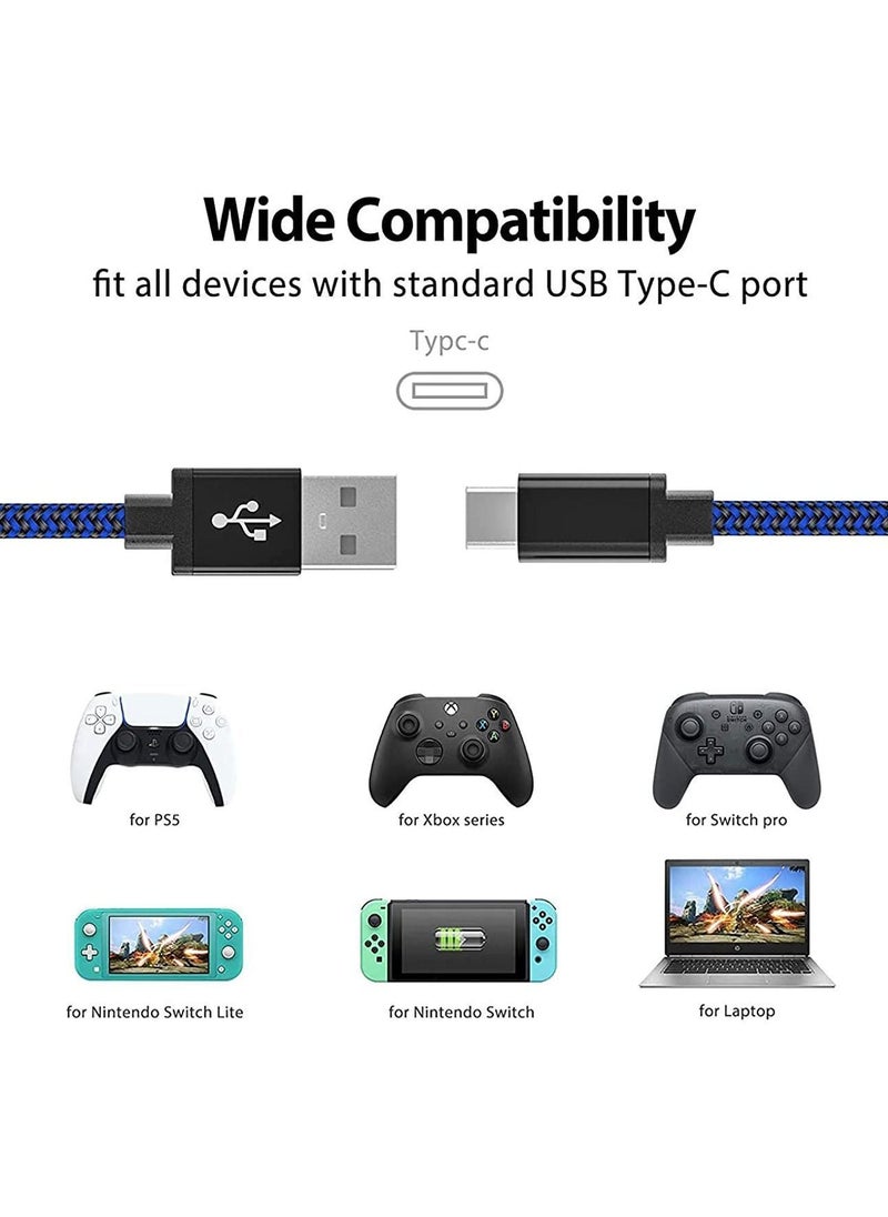 PS5 Controller Charger Cable Nylon Braided USB Type-C High-Speed Sync Charging Cord Compatible for Switch Pro/Nintendo Switch, Xbox Series X/S Controller, Cellphone, Laptop 2 Pcs 3M（Black &Blue）