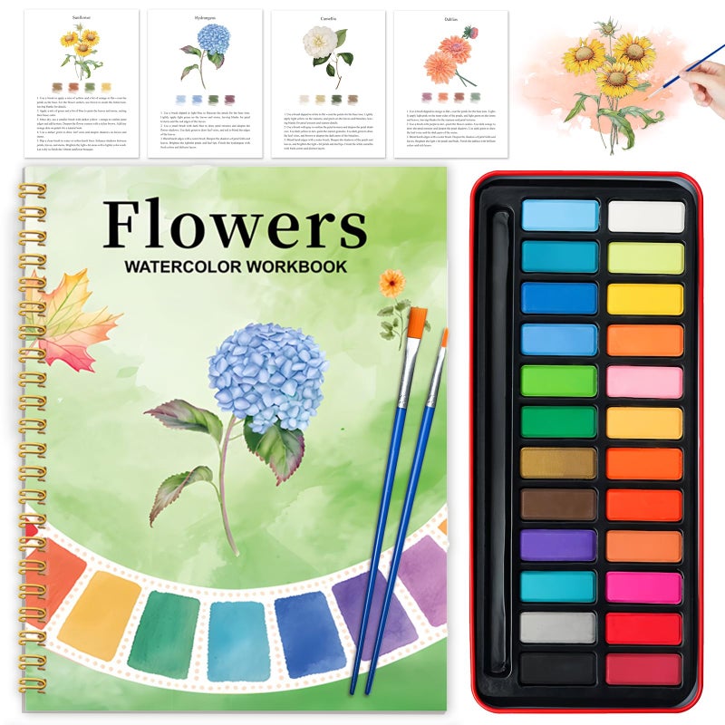 Cbcmpica Watercolor Workbook - Coloring Book Beginner Friendly Painting Kit, Watercolor Workbooks for Adults with 24 Colors Paint, Exploration Gift for Adults Teens (Flowers) - Image 1