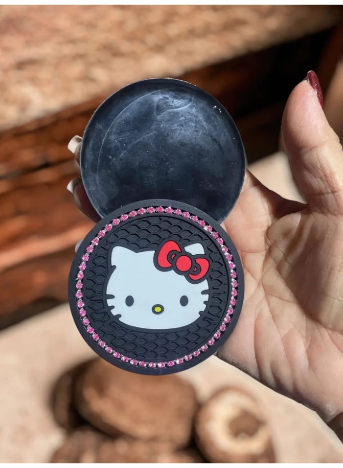 قطعتين قاعدة اكواب للسيارة مانعه للانزلاق بتصميم شخصية  هيلوكيتي الكرتونية مضاف إليها كرستال وردي لامع وبراق اكسسوار وزينة سيارة مميزة - Image 2