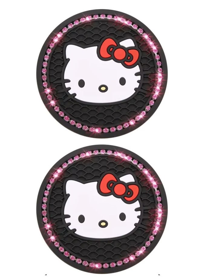 قطعتين قاعدة اكواب للسيارة مانعه للانزلاق بتصميم شخصية  هيلوكيتي الكرتونية مضاف إليها كرستال وردي لامع وبراق اكسسوار وزينة سيارة مميزة - Image 1