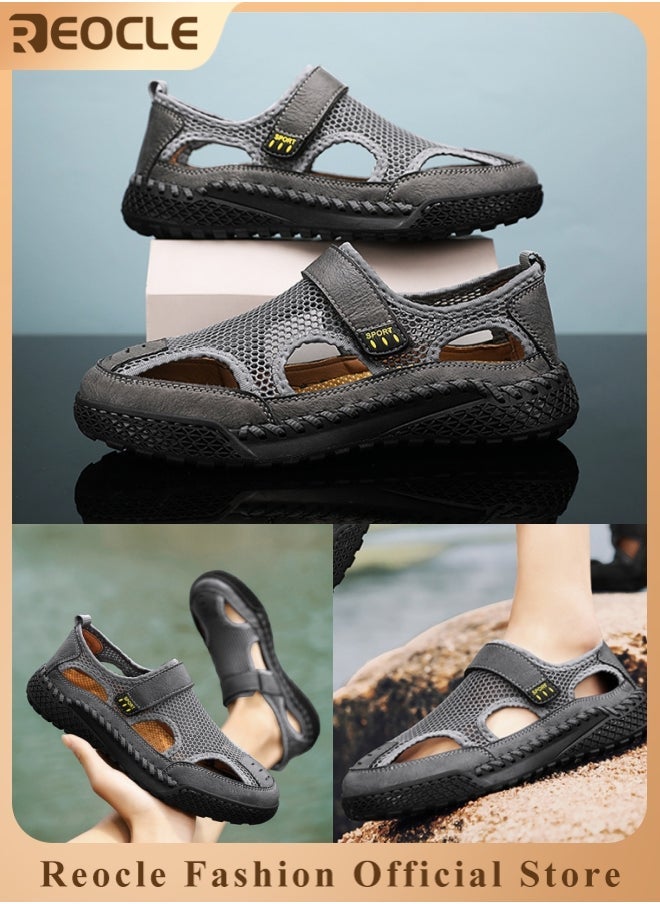 REOCLE Men's Mesh Sandals Handmade Leather Slippers Casual Summer Hiking Shoes with Soft Sole Breathable Beach Sandals for Outdoor Use  - Image 1