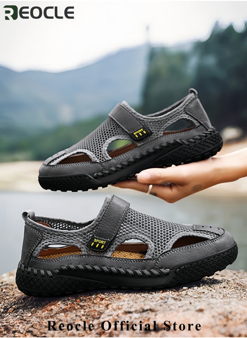 REOCLE Men's Mesh Sandals Handmade Leather Slippers Casual Summer Hiking Shoes with Soft Sole Breathable Beach Sandals for Outdoor Use  - Image 2