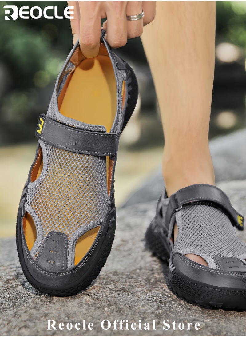 REOCLE Men's Mesh Sandals Handmade Leather Slippers Casual Summer Hiking Shoes with Soft Sole Breathable Beach Sandals for Outdoor Use  - Image 3