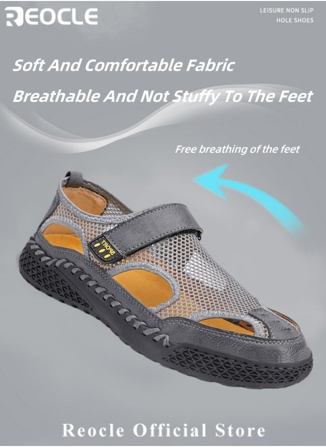 REOCLE Men's Mesh Sandals Handmade Leather Slippers Casual Summer Hiking Shoes with Soft Sole Breathable Beach Sandals for Outdoor Use  - Image 4
