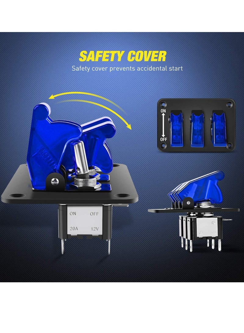 KASTWAVE 3 Gang Toggle Switch 12V Rocker Switch Panel with LED Light and Flip Cover, Heavy-Duty ON/Off Switch Plate 3 Pin SPST Rocker Switch for DIY, Home, Racing Car (Blue) - Image 3