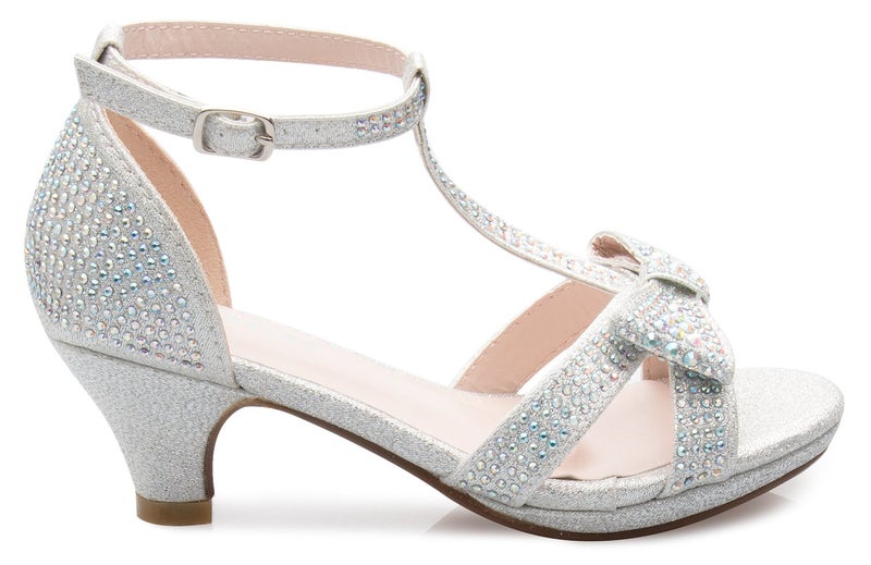 OLIVIA K Girl's Glitter Leatherette Open Toe Strappy Ankle T Strap Kitten Heel Sandal (Toddler/ Little Girl), Silver Y4 - Image 2