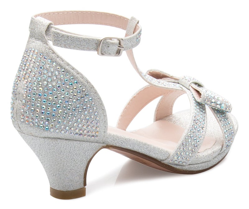 OLIVIA K Girl's Glitter Leatherette Open Toe Strappy Ankle T Strap Kitten Heel Sandal (Toddler/ Little Girl), Silver Y4 - Image 3