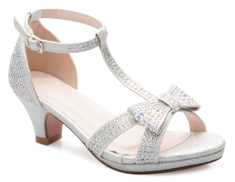 OLIVIA K Girl's Glitter Leatherette Open Toe Strappy Ankle T Strap Kitten Heel Sandal (Toddler/ Little Girl), Silver Y4 - Image 1