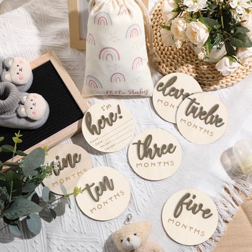Burbell 7 Pack 3D Baby Monthly Milestone Card Signs Baby Announcement Sign Double Sided Hello World Newborn Signs Wooden Circles Discs for Welcome Newborn Boy Girl Photo PropsBrownLetter - Image 3