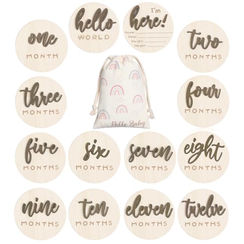 Burbell 7 Pack 3D Baby Monthly Milestone Card Signs Baby Announcement Sign Double Sided Hello World Newborn Signs Wooden Circles Discs for Welcome Newborn Boy Girl Photo PropsBrownLetter - Image 1