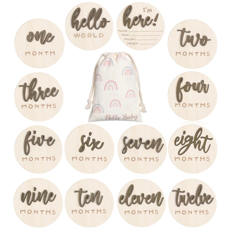Burbell 7 Pack 3D Baby Monthly Milestone Card Signs Baby Announcement Sign Double Sided Hello World Newborn Signs Wooden Circles Discs for Welcome Newborn Boy Girl Photo PropsBrownLetter - Image 2
