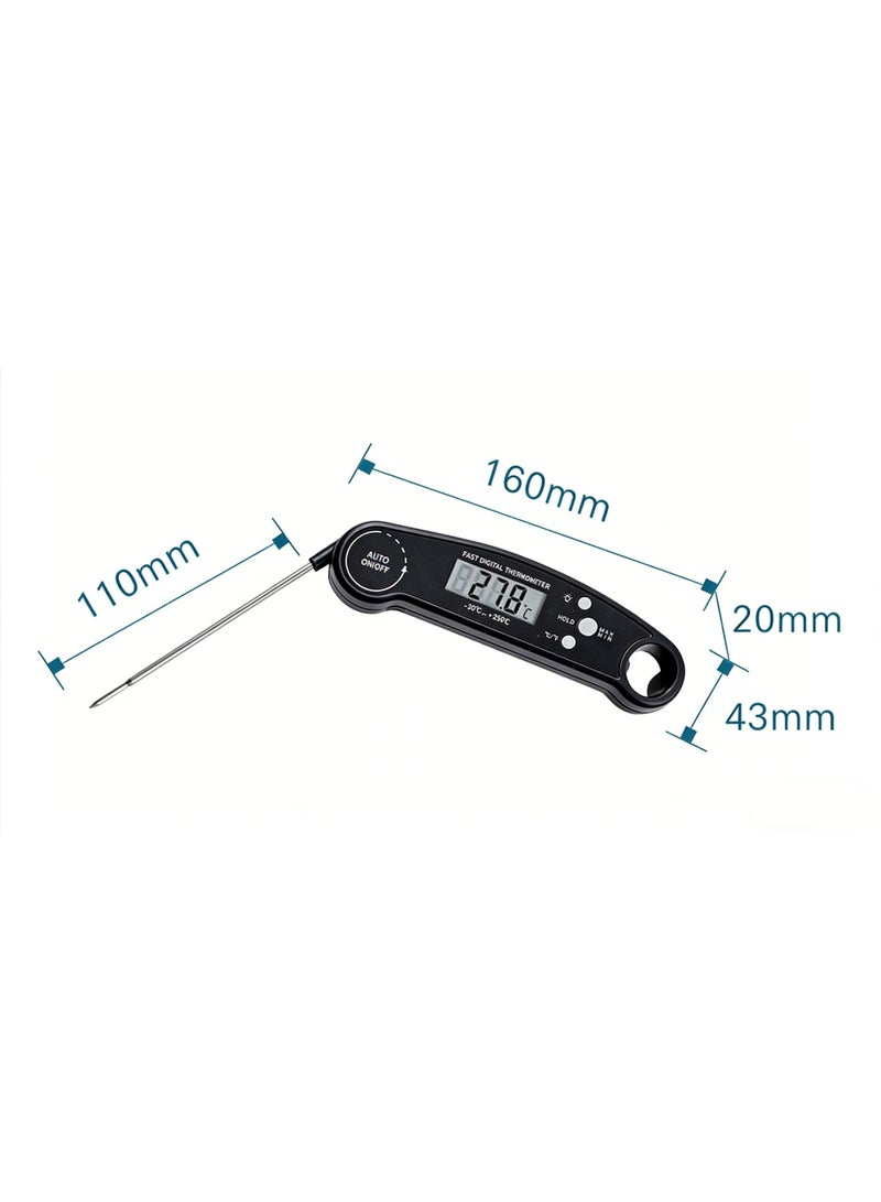 Instant Read Digital Meat Thermometer, Foldable Probe Food Thermometer with Backlight & Auto On/Off, Black Kitchen Thermometer for Cooking, BBQ, Water & Milk - Image 2