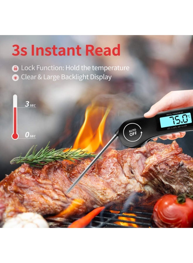 Instant Read Digital Meat Thermometer, Foldable Probe Food Thermometer with Backlight & Auto On/Off, Black Kitchen Thermometer for Cooking, BBQ, Water & Milk - Image 3