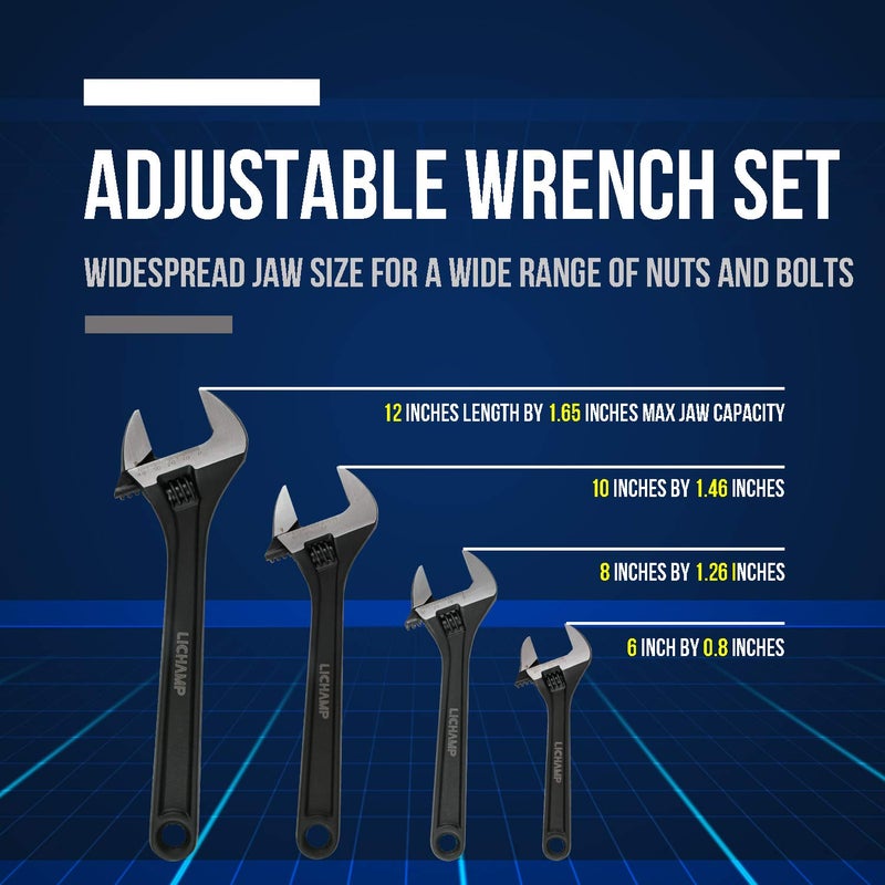 Lichamp 4-Piece CR-V Adjustable Wrench Set, Industrial Grade Drop Forged Chrome Vanadium Steel Black Oxide Finish Wide Jaw, 6, 8, 10, 12 Inch - Image 3